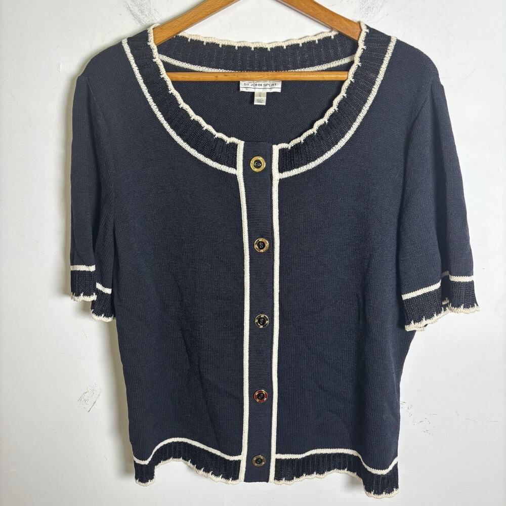 Vintage ST. JOHN Sport Wool Knit Cardigan Sweater Gold Buttons Navy Blue Size L